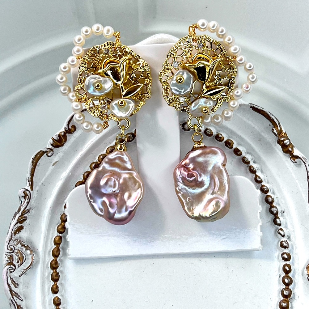 🤩 Handmade Freshwater Sakura Gold Keshi Pearl Earrings S925 SS Posts Gold Plated